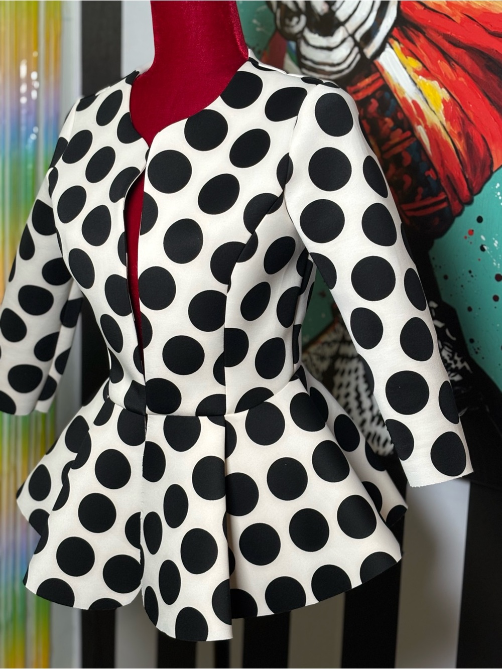 Women's Black & White Polka Dot Peplum Blazer - Picture 1 of 5